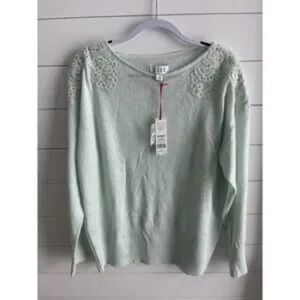 LOFT Light Green Off-the-Shoulder Sweater with Lace Accents